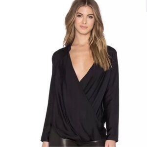 James Perse Sandifer Blouse Long Sleeve Faux Wrap Black 0 XS Whimsigoth Classic